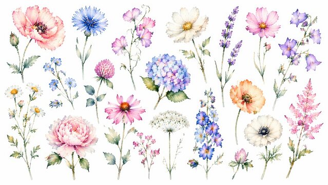 Beautiful watercolor illustrations of various blooming wildflowers and garden flowers isolated on a white background