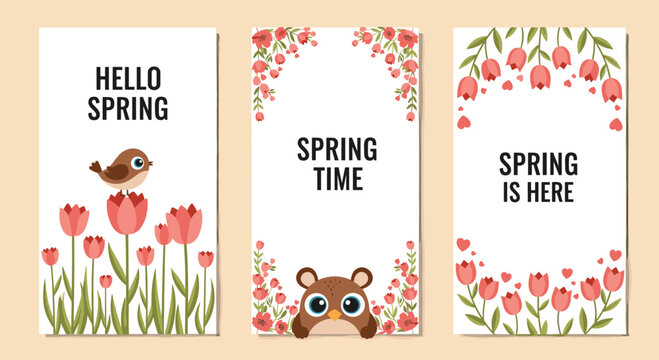 Three vertical spring banners featuring red tulips a cute bird and an owl with greeting text for social media and marketing.