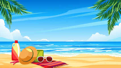 Obraz premium Beach essentials arranged on red towel under palm trees sunny day with ocean view summer vacation concept with sun hat sunglasses sunscreen and drink