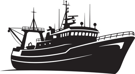 Fototapeta premium Fishing boat, tugboat, silhouette, vector, black, nautical, transportation, maritime