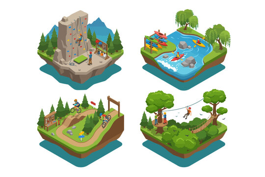 Outdoor Adventure Activities and Extreme Sports Isometric Illustrations