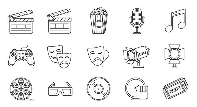 Collection of various entertainment and cinema related icons in black and white.