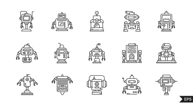 Collection of various robot illustrations in a simple line art style, perfect for design.