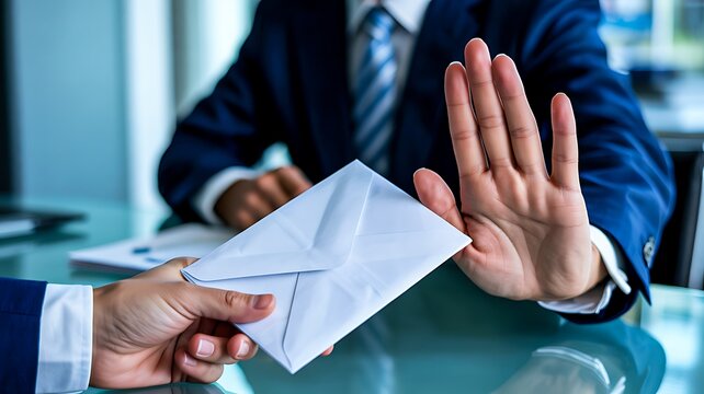 Businessman rejecting cash bribe during corporate meeting with anti corruption and ethical business concept