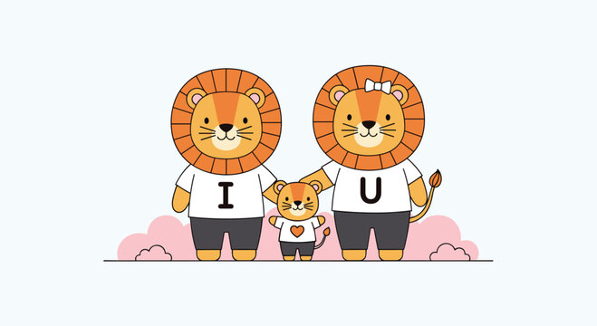 Adorable lion family with a mother father and cub wearing t shirts with letters and a heart for a love and family message.