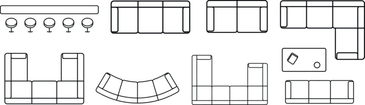 Top view architectural furniture symbols 2d cad plan vector icons for interior design floor plans