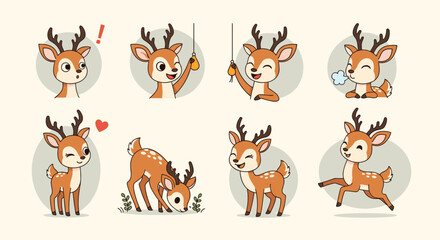 Obraz premium Set of cute cartoon deer characters in various poses and expressions including eating jumping and showing love for kids.