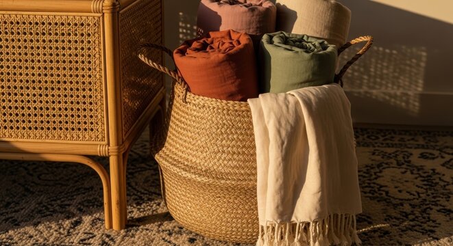 Woven jute basket filled with soft, rolled linen throws in warm, inviting colors