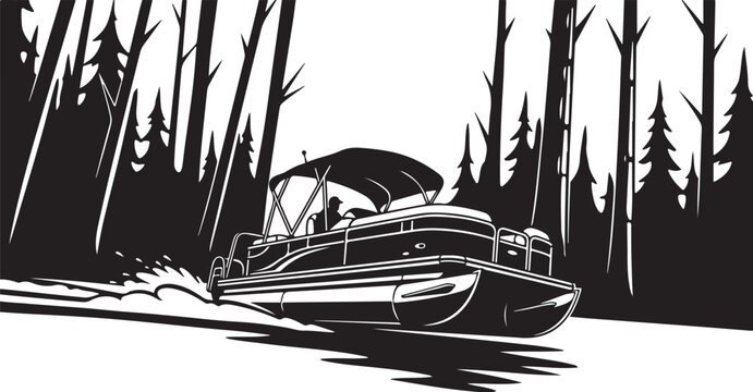 Black and white pontoon boat, vector boat illustration, lake scene, monochrome forest background