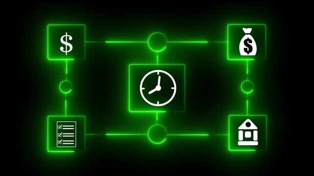 Neon Business investment strategy showing finance growth with interest rates, dividends, income, retirement compensation fund, dividend tax, fixed deposits, savings, and stock returns.