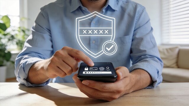 Man using smartphone with digital security shield icon cyber protection concept online data privacy biometric authentication secure login password manager mobile banking safety