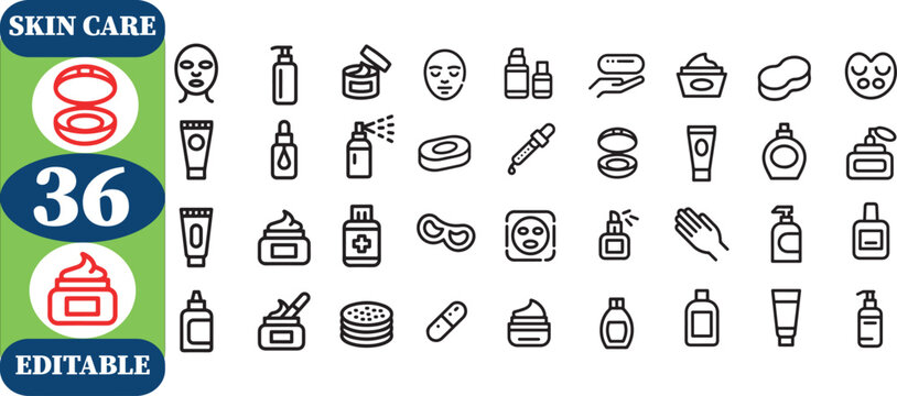 Collection of various skin care product icons and symbols for beauty and hygiene