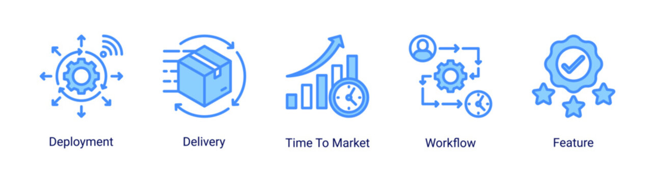 DevOps deployment icon set with delivery pipeline,workflow and feature release for fast time to market software