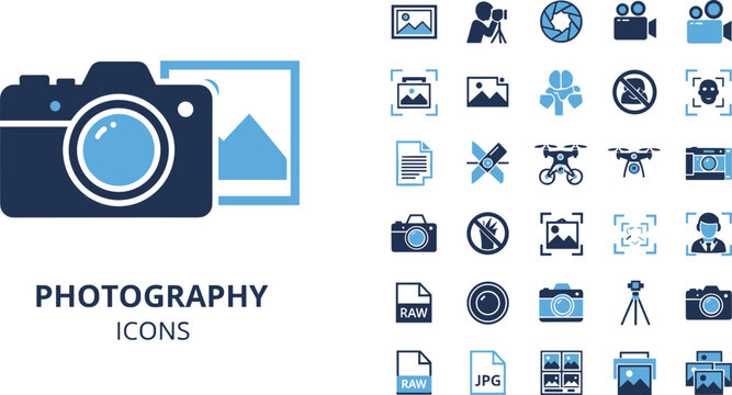 Photography and camera icon set in flat style featuring photographer tools lens image formats and media elements for creative design projects