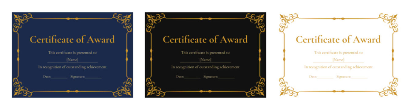 Certificate of Award Template Set Gold Victorian Border Navy Black White Vector