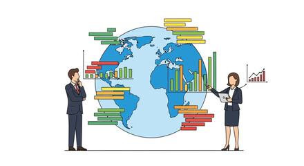 Naklejka premium Business professionals analyzing global data charts over a world map background
