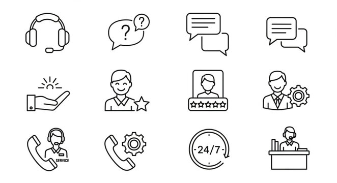 Customer service and support icons representing communication and assistance.