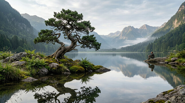 Serene Mountain Lake with Bonsai Tree and Peaceful Reflection