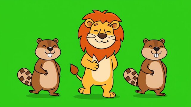 Happy Cartoon Lion and Two Beavers Dancing on Green Screen