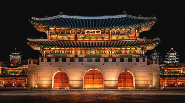 Illuminated traditional Korean palace gate at night with warm arched entrances