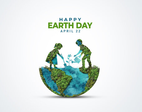 Our power, our planet. Earth day 2026 concept background. Ecology concept. Design with globe map drawing and leaves isolated on white background.
