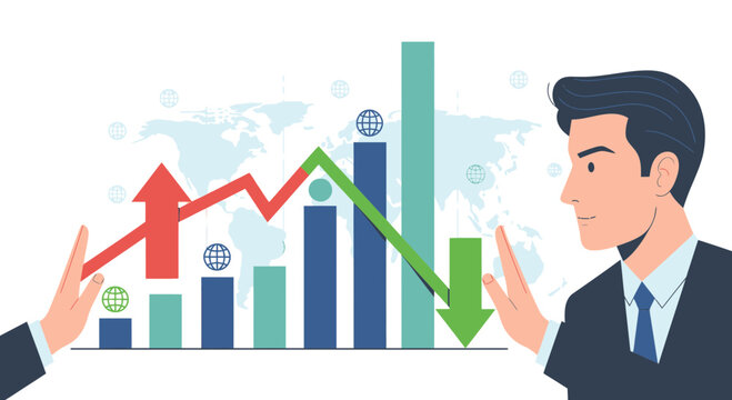 Businessman analyzes financial data charts graphs indicating growth decline analysis
