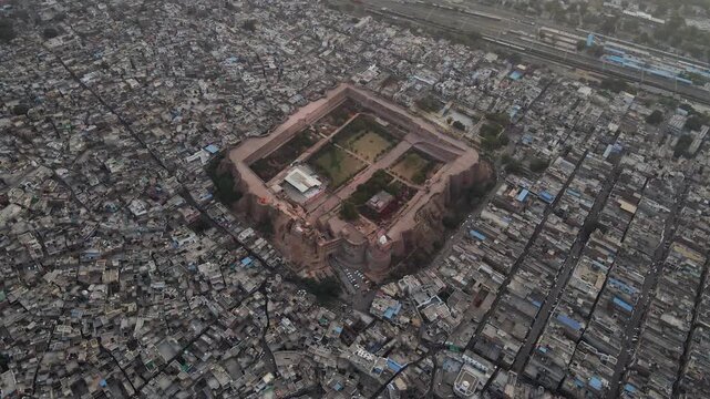 Aerial shot showcases the majestic Qila Mubarak fort surrounded by the dense urban landscape of Bathinda.