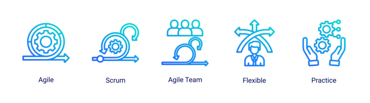 Agile DevOps icon set with scrum team,flexible workflow and development practice for continuous iteration process
