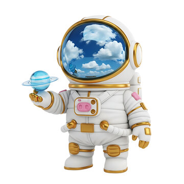 Astronaut character in white and gold suit floating with blue planet globe visor and clouds in space