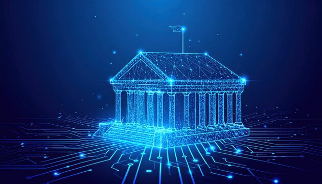 Digital governance and smart institution concept with glowing polygonal government building connected to circuit board on dark blue background.