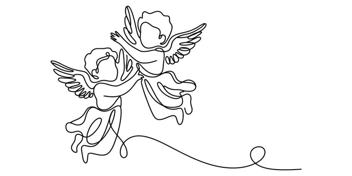 Minimalist continuous single line drawing of two cute cherub angels flying together in the sky