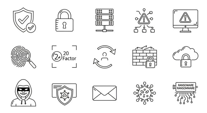 Cybersecurity and data protection icons representing digital safety and security measures.
