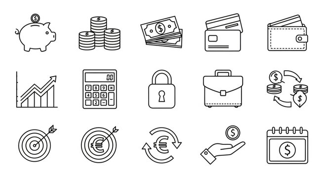 Financial icons representing savings, investments, and business concepts for economic success.