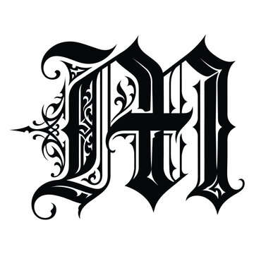 A bold blackletter (Gothic) monogram featuring a stylized capital letter M