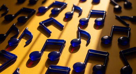 Obraz premium Blue translucent musical notes scattered on a vibrant yellow surface with contrasting shadows, creating a playful and artistic composition.