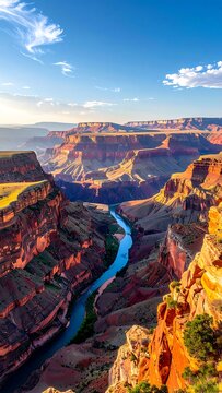 A vast canyon with a river flowing through it under a blue sky