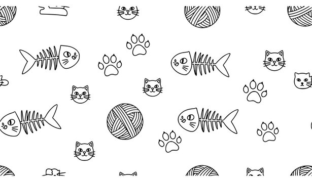 Cat seamless pattern vector paw print yarn fish bone black white pet design