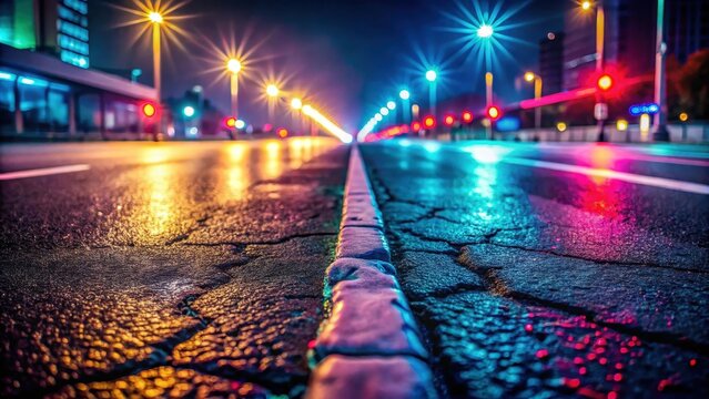 A photo of an artificially illuminated section of the road at night, with bright neon lights casting shadows on the pavement and highlighting cracks i
