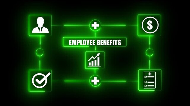 Employee benefits and compensation strategy concepts. Various employee benefit icon options on the digital interface, such as bonuses, medical care, insurance, travel, rewards, and financial benefits.
