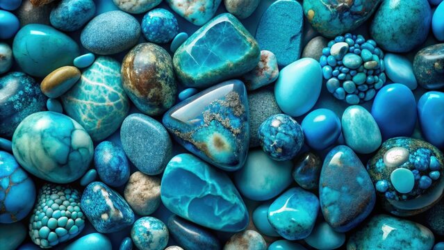 A photo of a vibrant collection of blue and turquoise stones and textures, showcasing the rich variety and beauty of gemstones in a mesmerizing displa