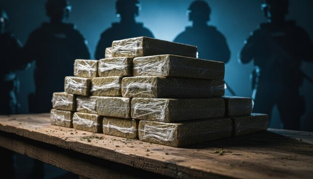 A large stack of wrapped drug packages, resembling cannabis, sits on a wooden table with blurred silhouettes of law enforcement officers in the background.