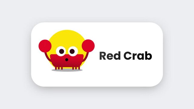 A cartoon red crab character with large googly eyes and a friendly expression displayed on a white rounded rectangle icon badge