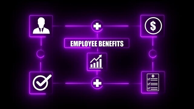 Employee benefits and compensation strategy concepts. Various employee benefit icon options on the digital interface, such as bonuses, medical care, insurance, travel, rewards, and financial benefits.