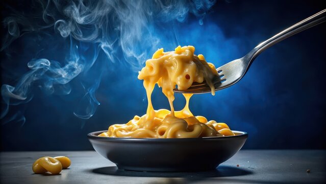 A photo of a fork carefully pulling out a large chunk of melty cheese from a steaming bowl of mac and cheese, bathed in a cool blue background