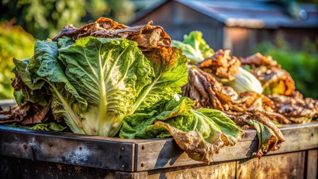 A photo of a wilted lettuce bunch with browning leaves and a slimy texture sitting on a damp, rotting vegetable bin