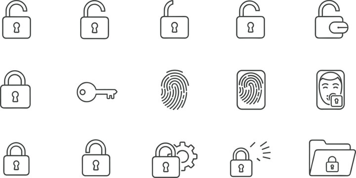 Security and access control outline icon set with lock key fingerprint face recognition symbols for digital protection interface design