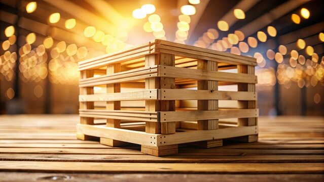 A realistic photo of Wooden Crate on Pallets Against Simple Background for Storage