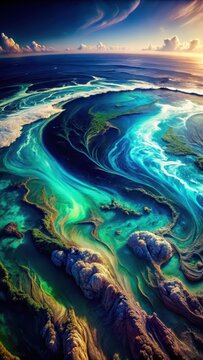 A photo of a swirling mass of dark blue and purple hues representing ocean floor depth, with deep valleys and mountainous ridges in shades of green an