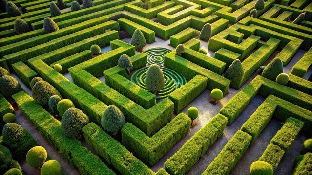 A photo of a meticulously designed topdown view of a complex hedge maze with intricate paths and twists leading to an enigmatic entrance