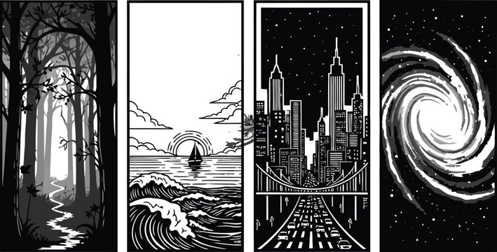 Four vertical panels featuring forest, ocean, cityscape, and galaxy